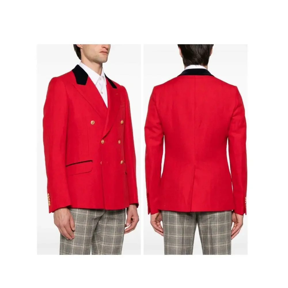 NWT Gucci Double Breasted Herringbone Wool Linen Blazer Red IT 48 US 38 $3,600